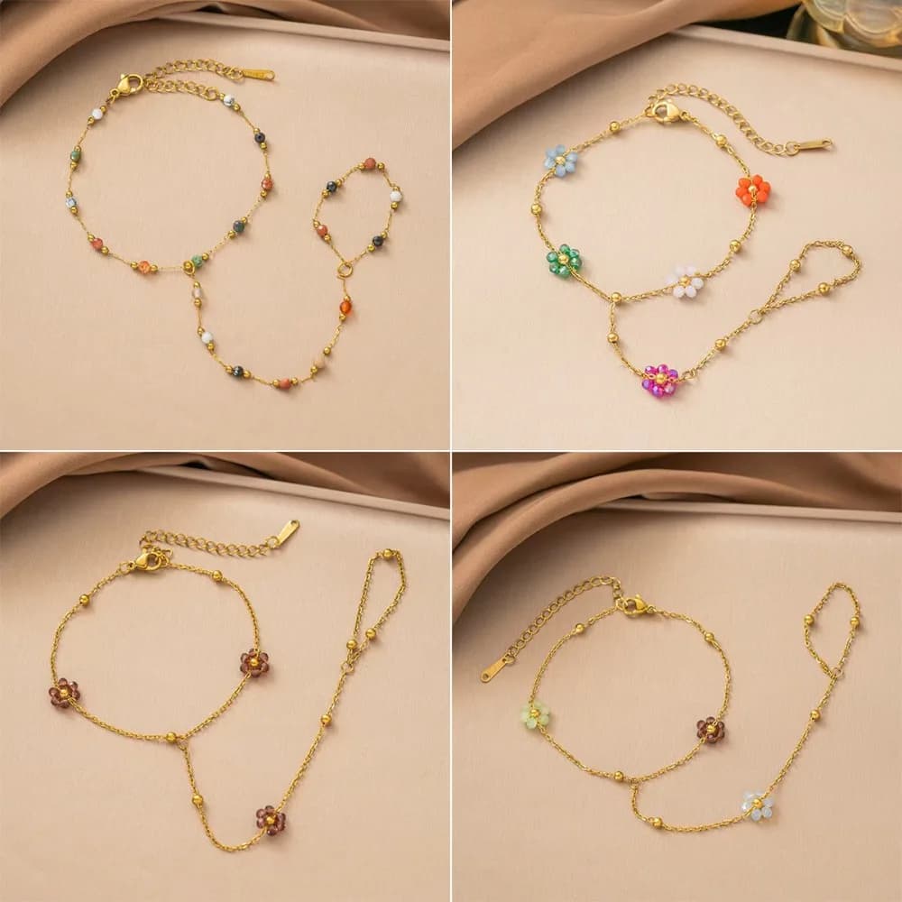 Sweet Floral Colorful Crystal Beaded Flower Stainless Steel Gold Color Finger Wrist Integrated Chain Bracelet for Women Jewelry