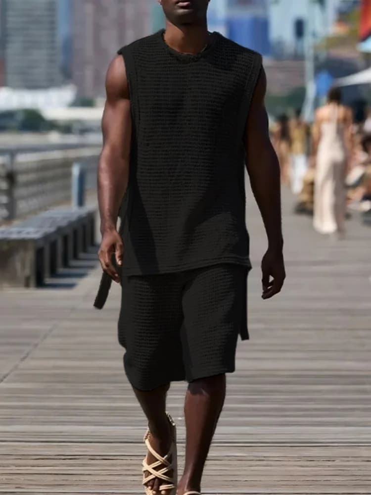 Summer Men Hollow Mesh Two Piece Outfit See Through Sleeveless Tank Top Side Tie Loose Knee Shorts Beach Matching Suit