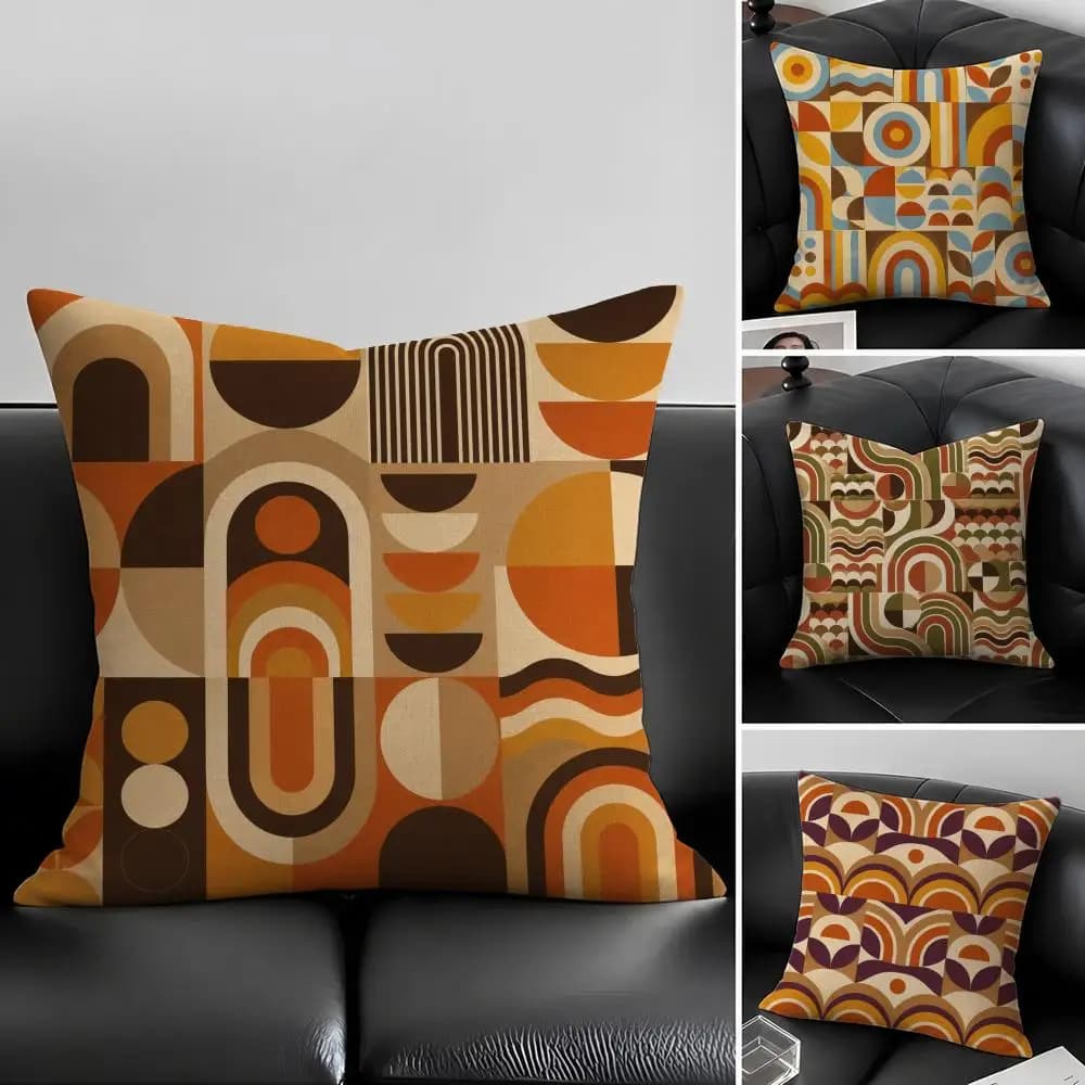 60s-70s Retro Geometric Cushion Cover Natural Linen Pillow Covers, Washable Cushion Cases for Sofa Bed Couch Decor