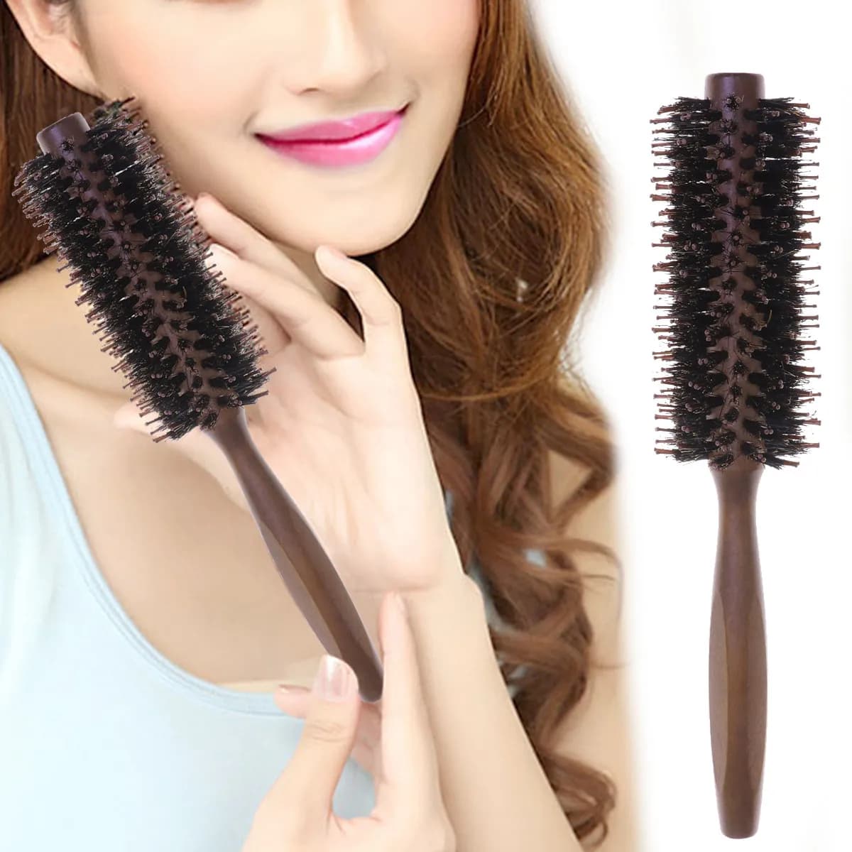 Professional Round Brush in Nylon Seeds, Spiral Design, Wood Handle for Drying, Smoothing and Wrinkling