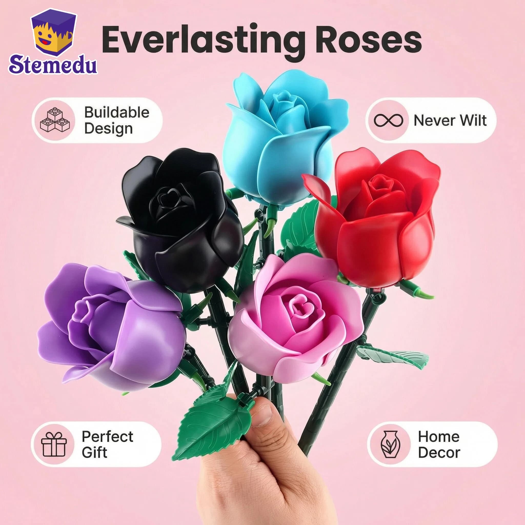 Set di Costruzioni Bouquet di Fiori Eterni - Giocattolo Botanico Rosa Rossa Regalo per Natale, Festa della Mamma, San Valentino