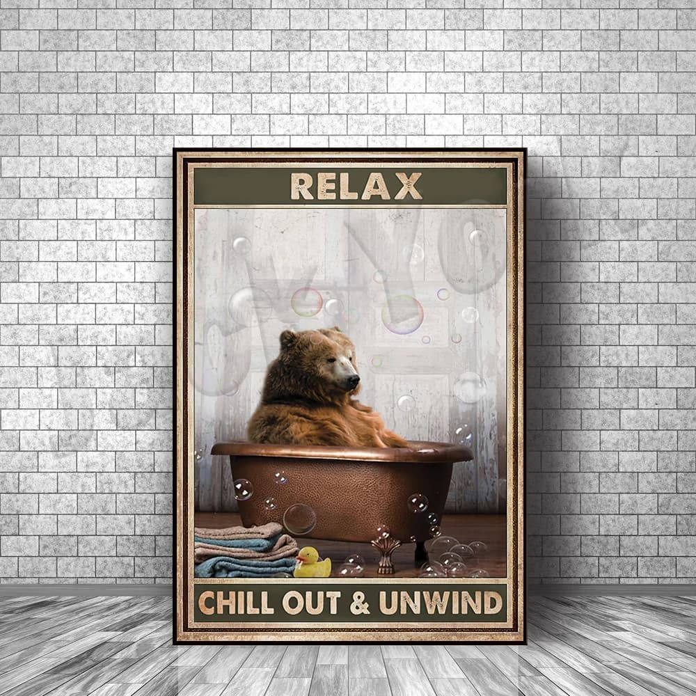Rilassati, rilassati e rimuovono, divertente orso carino, poster vintage, bagno, toilette, parete, poster artistico, arredamento ispiratore