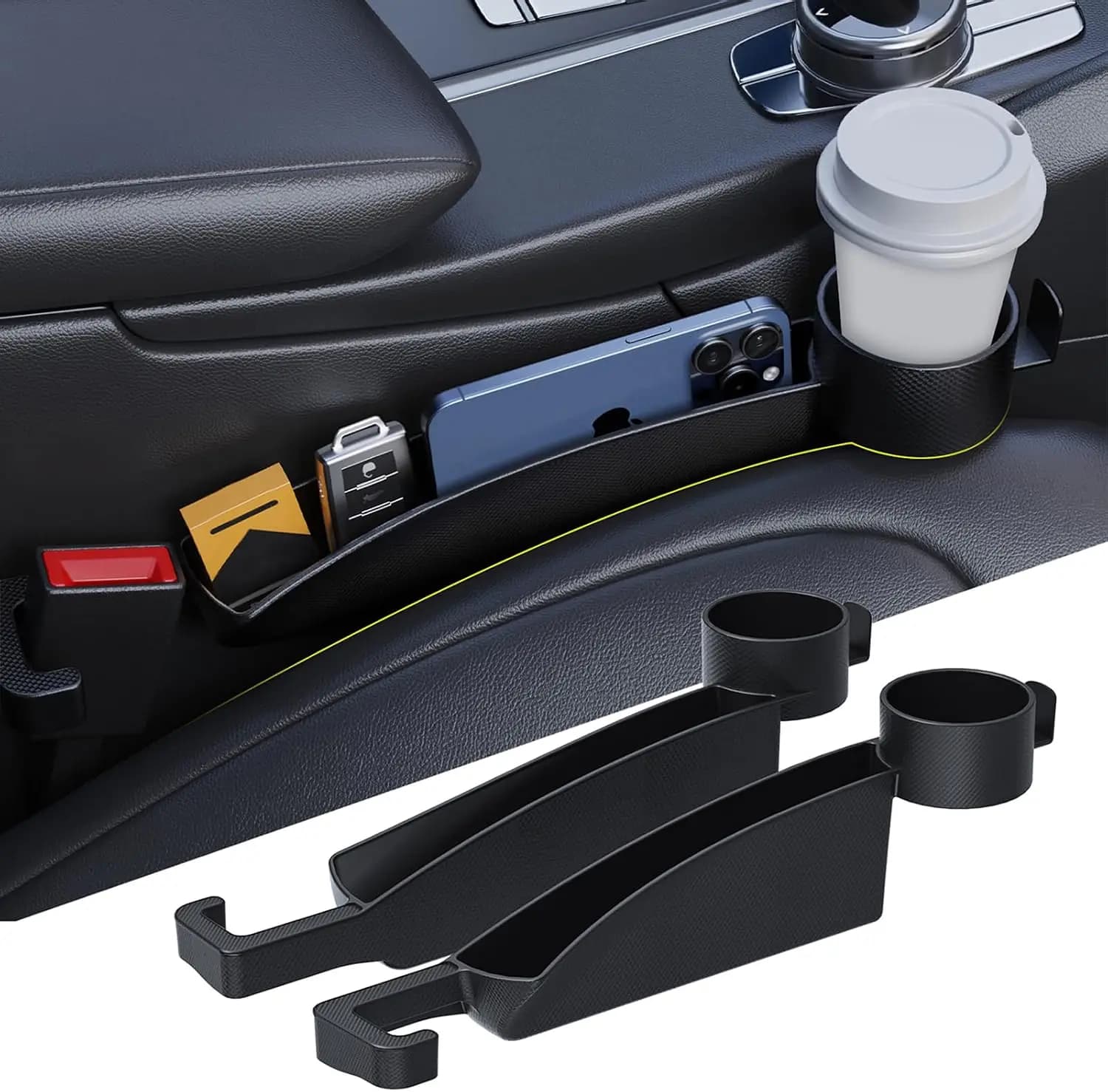 Car Seat Gap Filler Set of 2, Upgraded Car Side Seat Gap Fillers with Organizer, Cup Holder & Hook Function