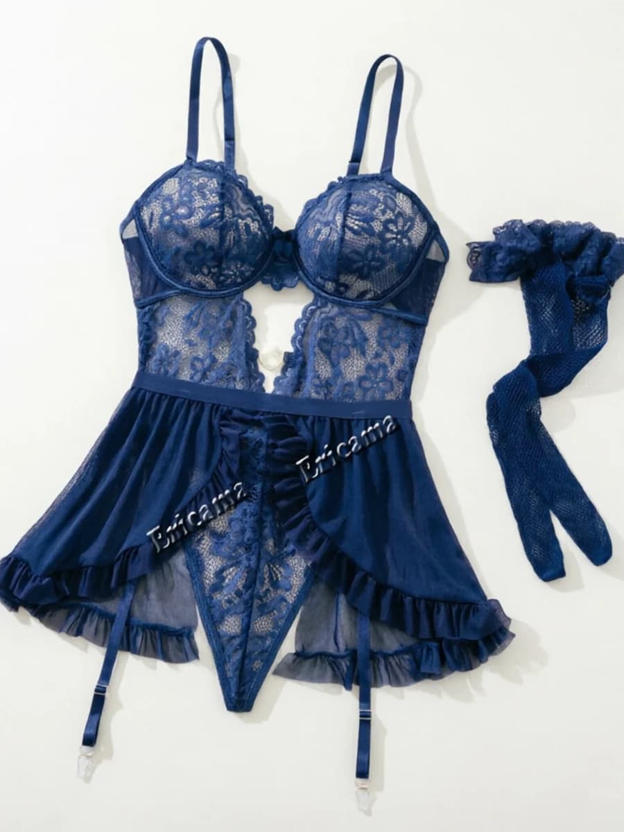 Set di Lingerie Erotica da Donna, Reggiseno in Pizzo con Cintura e Perizoma, Ensemble Romantico e Attraente, Intimo Sexy