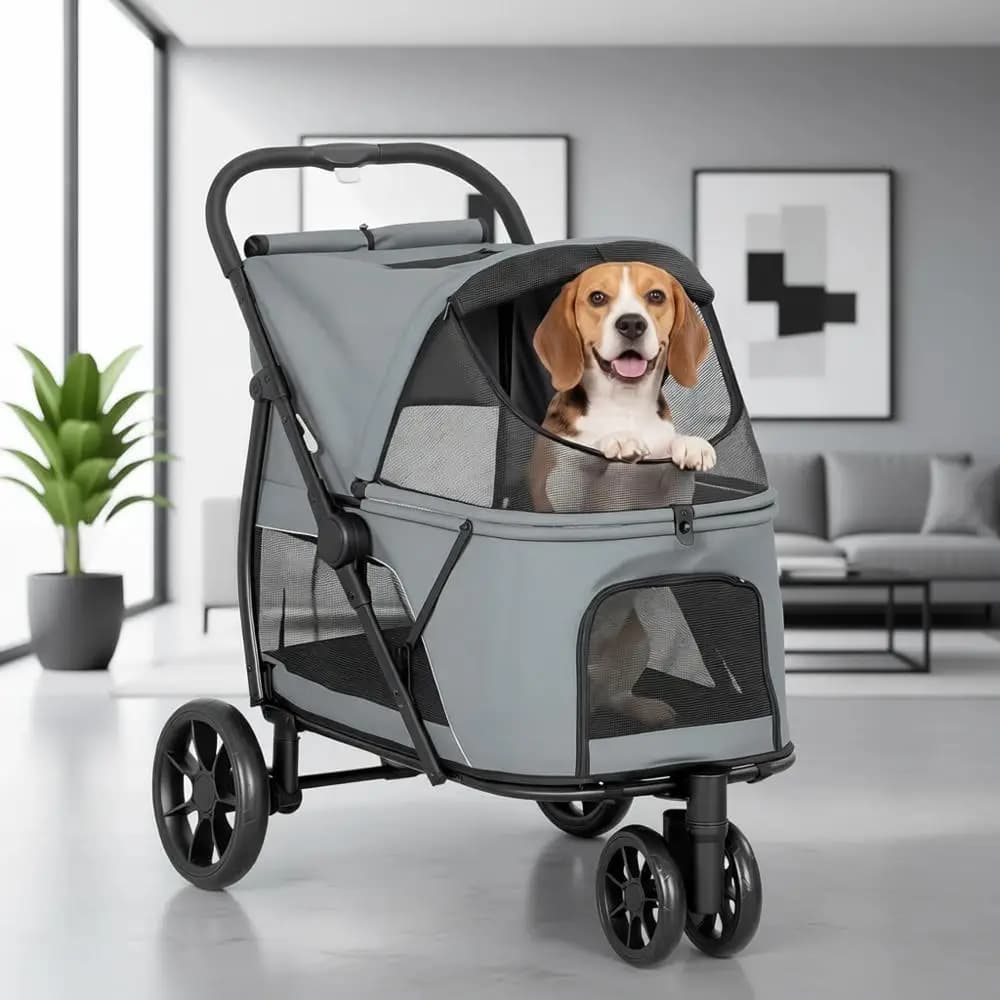 Passeggino per animali domestici per tutti i terreni a doppio ingresso, per cani e gatti di taglia piccola e media fino a 20 kg, con rete traspirante e cuscino lavabile, grigio
