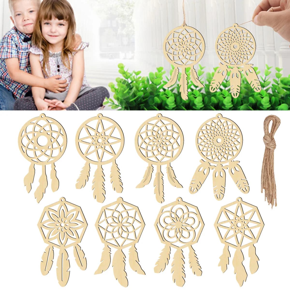8Pcs/Set Wooden Dream Catcher Crafts Feather Shape Hanging Ornament For Home Birthday Party Decorations Kids DIY Painting Gifts