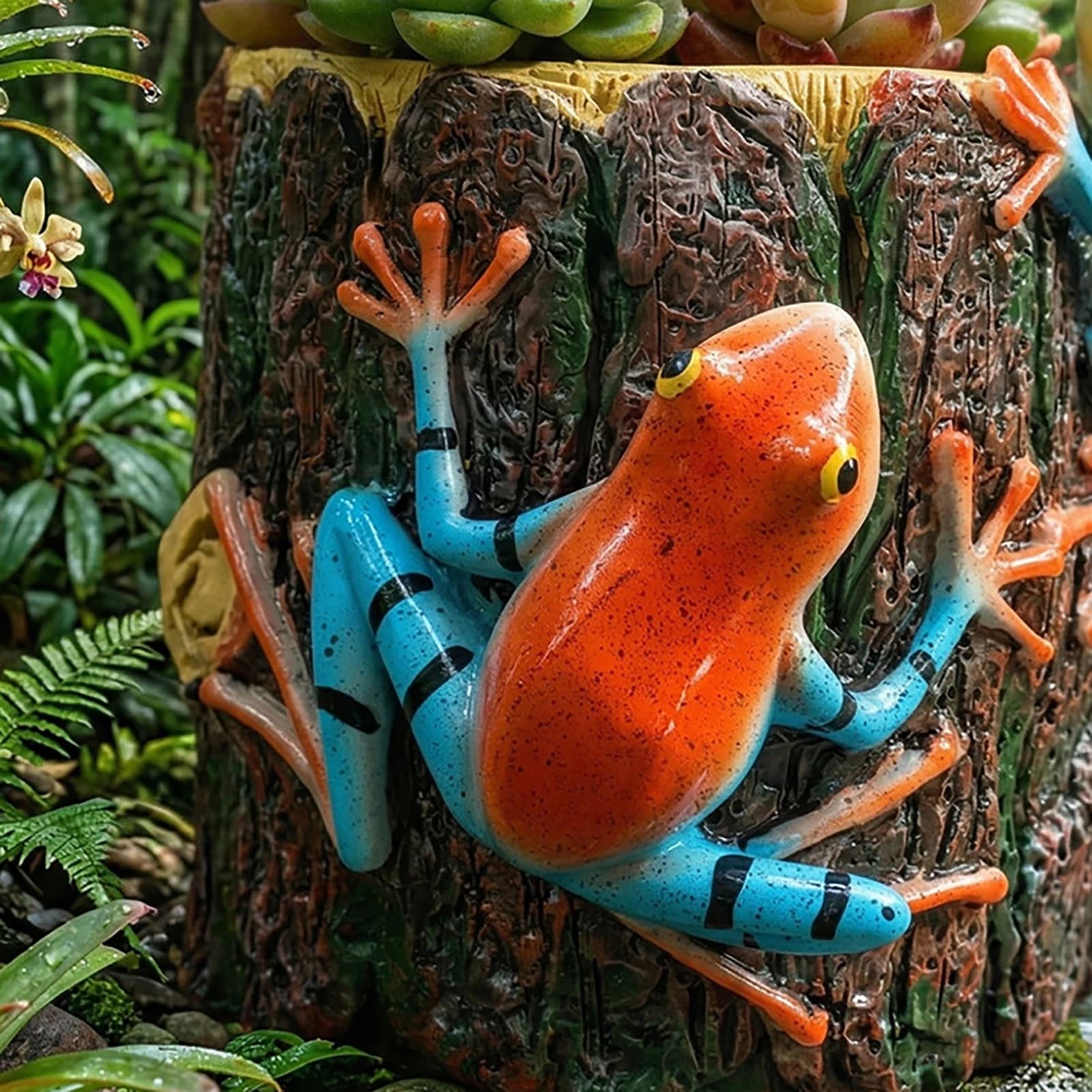 Decorative Plant Pot Tree Stump Shape Planter Pot with Frogs Resin Decorative Flower Container Small Cactus Holder for Home