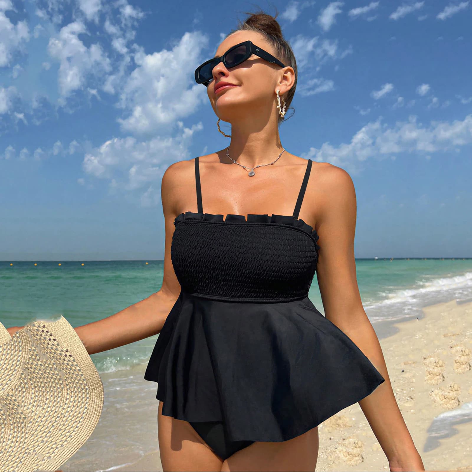 Women's full waist swimsuit, two pieces, strong sizes, with shoulder straps, for the beach, summer