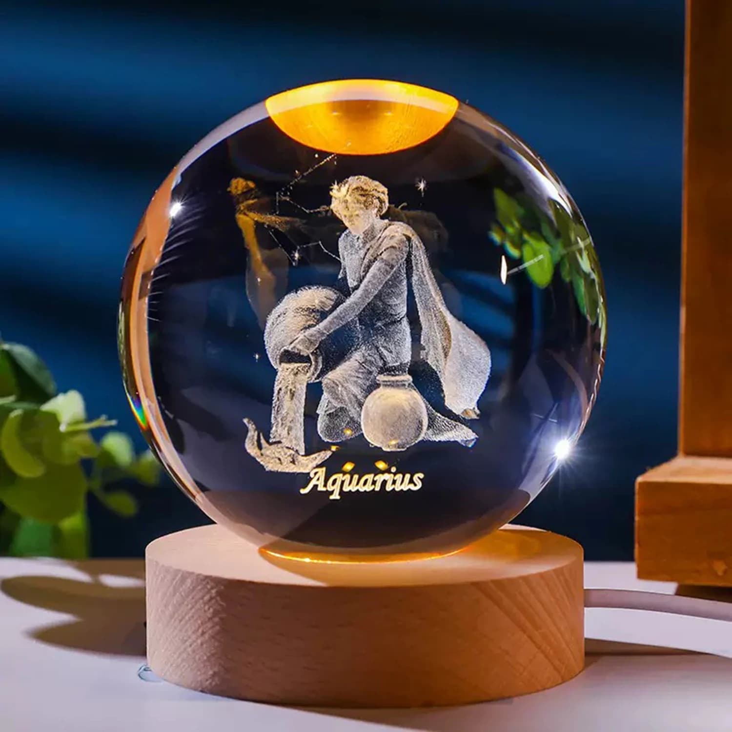 Crystal Ball 3D Aquarium with wooden light base 6 cm laser engraving constellation glass ball decorative balls paper clips gift