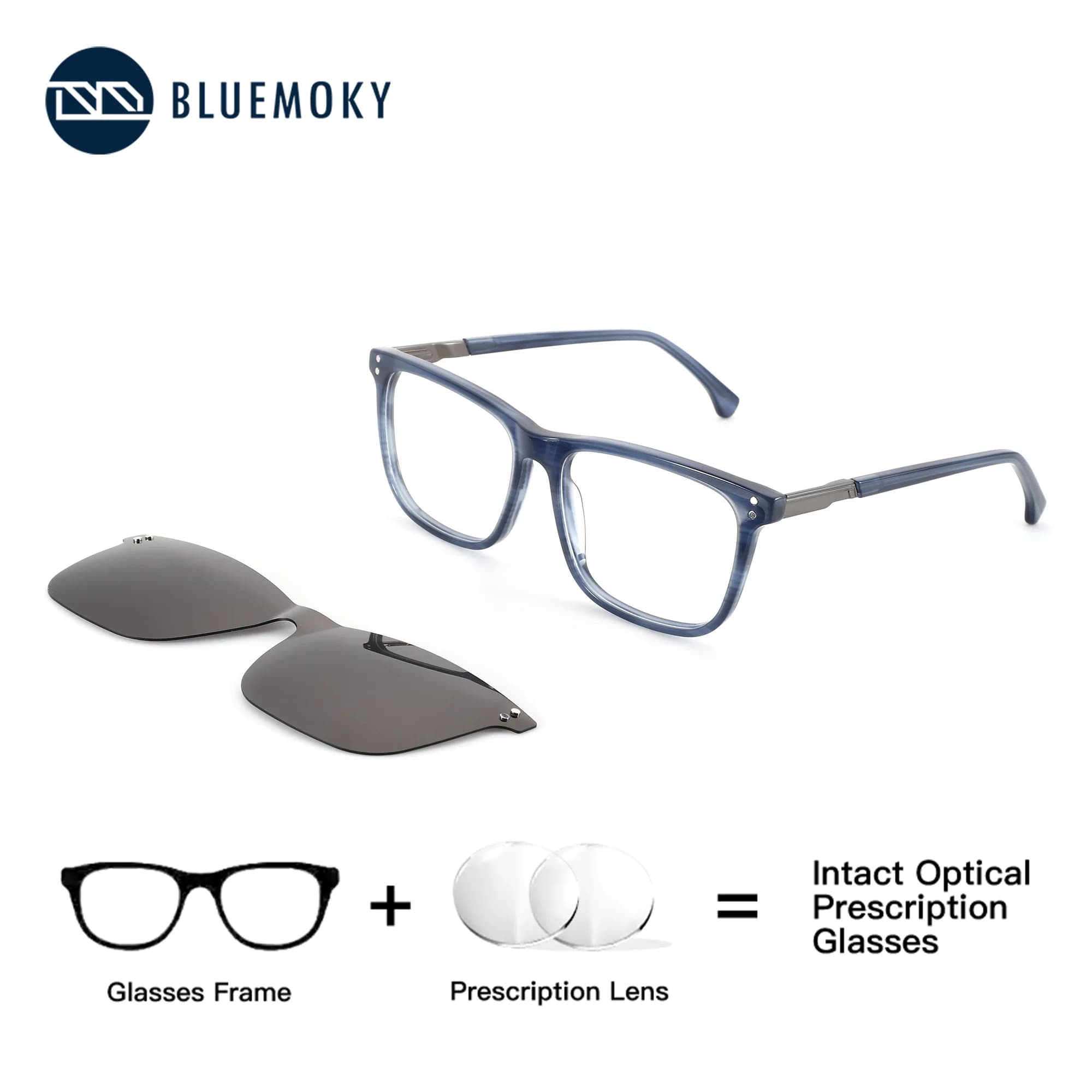 BLUEMOKY (M Size) Men's Square Acetate Clip on Prescription Sunglasses Anti Blue Light Optical Eyeglasses to Graduate for Men