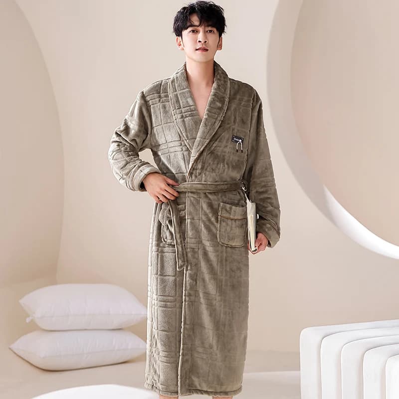 Men's Coral Velvet Watch Hot V-neck Thickness Dress with Belt Bathrobe Men's Autumn Winter Long Dress Man Spas Bathrobe XXXL