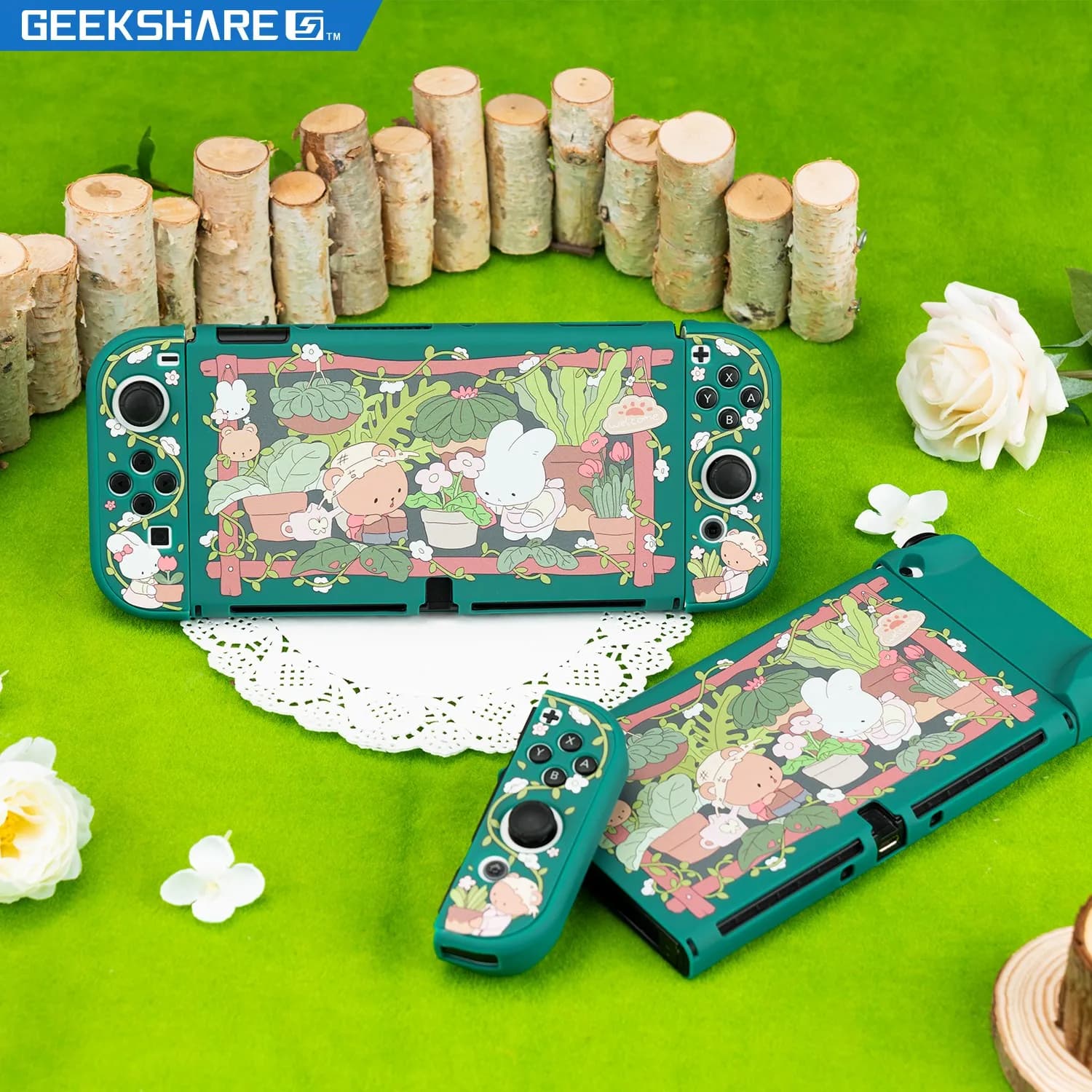 Custodia protettiva GeekShare compatibile con Nintendo Switch OLED con Cover Joycons, Bunny Garden