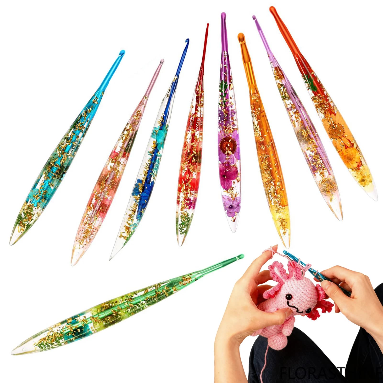 9 Pieces Resin Crochet Hooks Ergonomic Stylish Floral Craft Yarn Weave Knitting Crochet Needles Kit for Blanket Doll Hat Scarf