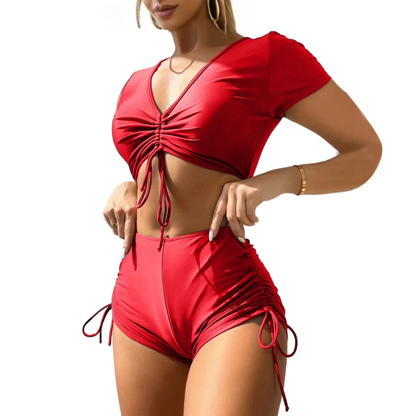 Set bikini sexy in tinta unita stile street da donna Top e pantaloncini a maniche corte con lacci Costume da bagno da spiaggia Costumi da bagno da vacanza Biquini