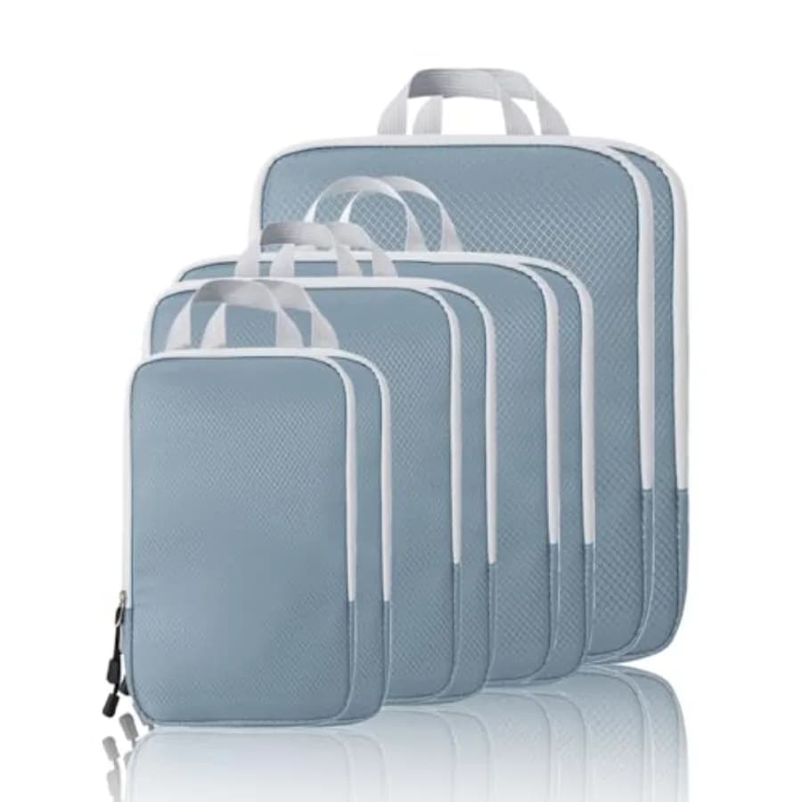 Set di 8 Cubi di Compressione per Viaggio, Organizzatori Leggeri e Comprimibili in Blu Lago e Grigio per Bagagli a Mano e Valigie