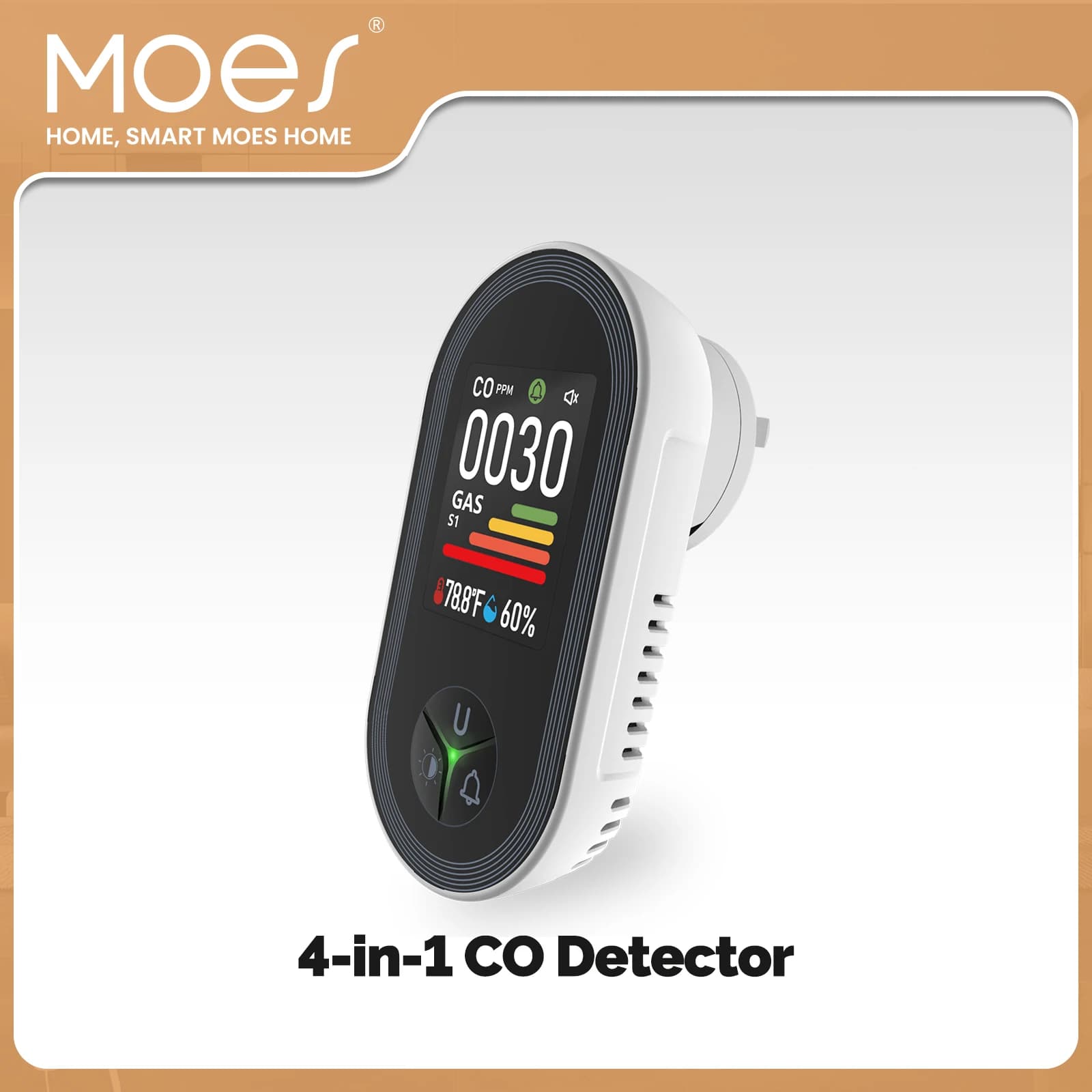 Rilevatore di Gas Monossido di Carbonio MOES 4-in-1, Allarme per Perdite di Gas Combustibile, Display Plug-in, Monitoraggio Temperatura e Umidità