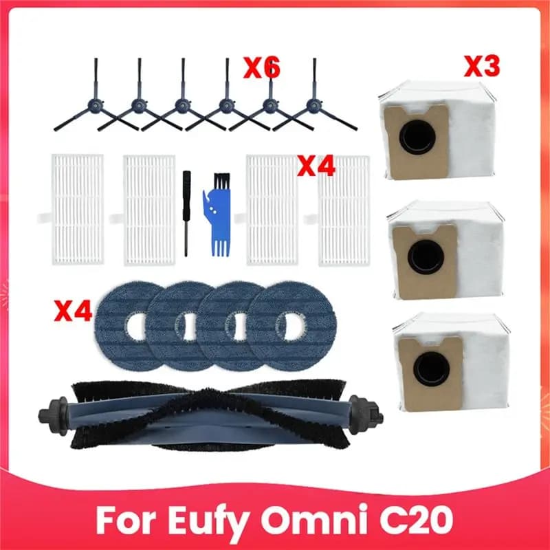 BAAJ-20PCS Per Eufy Omni C20 - Kit Accessori di Ricambio per Aspirapolvere: Spazzola Principale, Spazzole Laterali, Filtro HEPA, Panni Lavapavimenti, Sacchetti Raccoglipolvere
