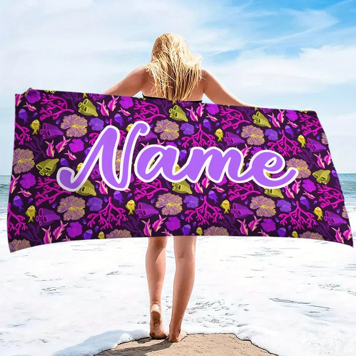 Modello personalizzato - Asciugamano da spiaggia con nome personalizzato, telo da bagno con testo stampato digitale - Universale per adulti e bambini, super assorbente, ad asciugatura rapida, adatto per nuoto, campeggio e viaggi, un miglior regalo di Natale, per una figlia e amante