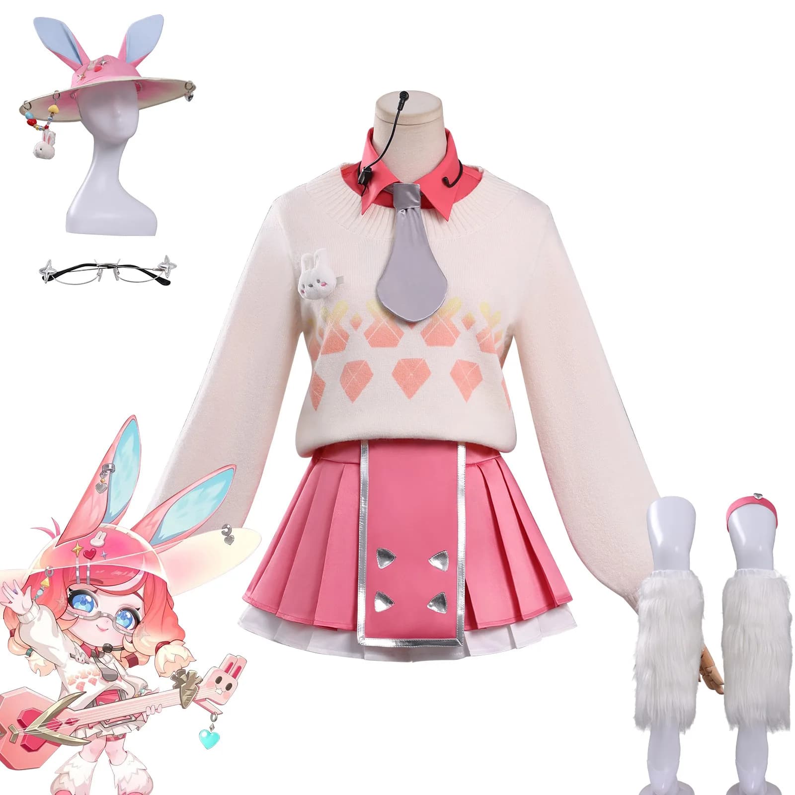 Teamfight Tactics Ionic Spark Little Aurora Cosplay Full Set Golden Spatula Little Legend Costume with Bunny Hat Tail Glasses Ac