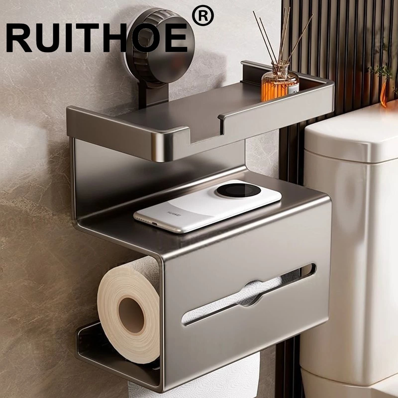 Toilet Paper Holder Space Aluminum Wall Mounted Black Toilet Paper Roll Holder Bathroom Accessories Hardware Decor Storage Shelf