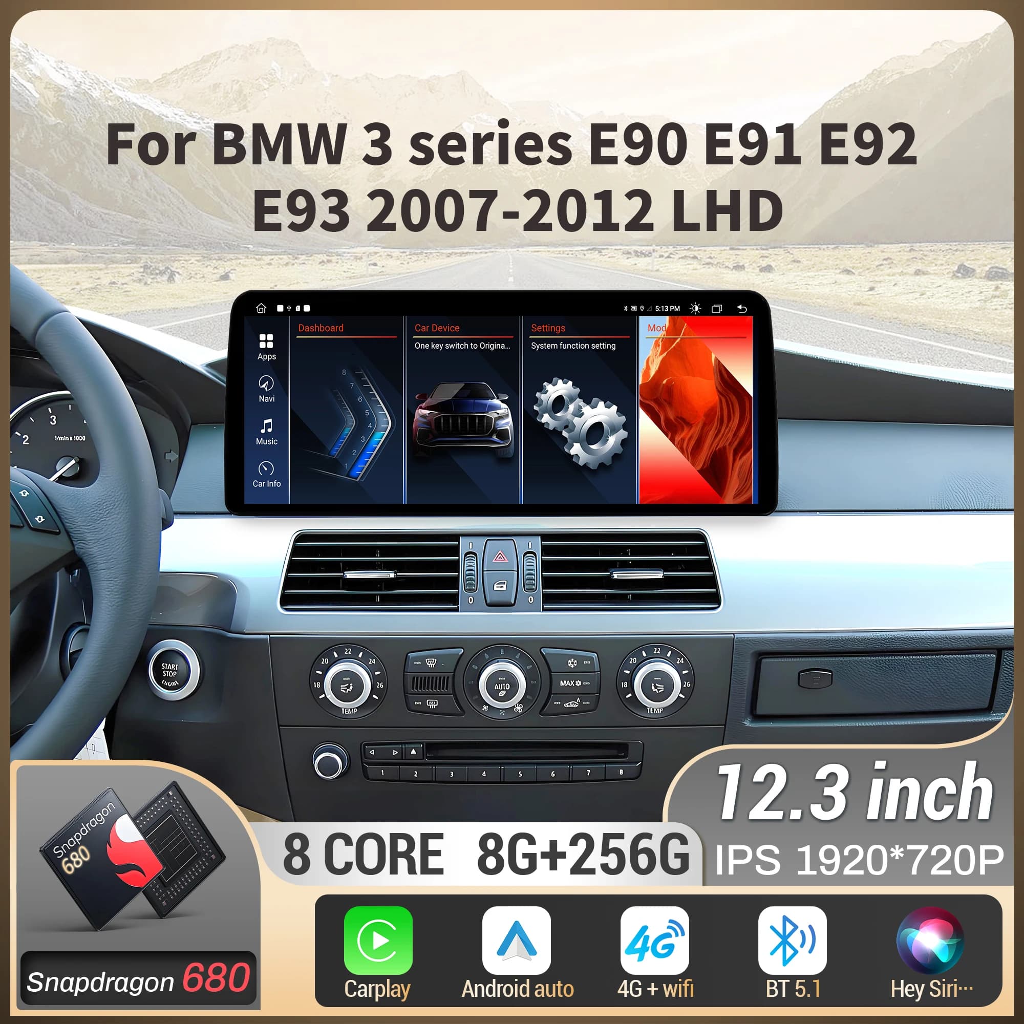 12.3 inch Left Hand Drive For BMW 3 series E90 E91 E92 E93 2007-2010 2011 2012 Car Radio Wireless Carplay Snapdragon 680 Screen