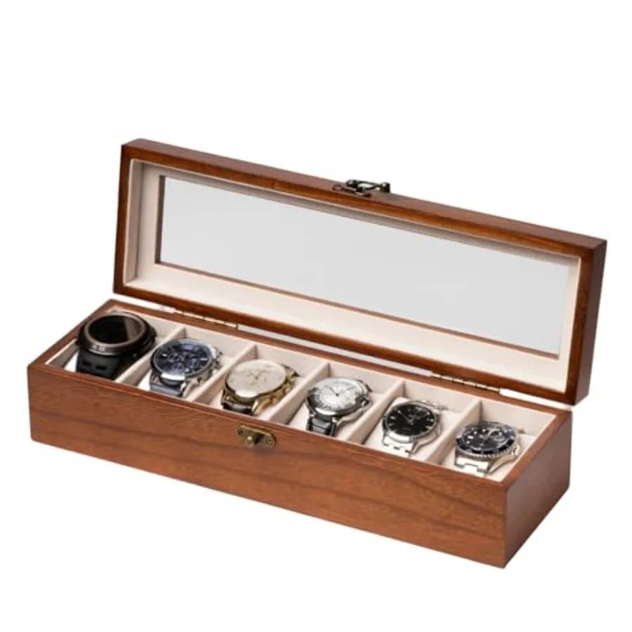 Wooden Watch Box with Large Glass Cover, Display and Container for 6 Watches Men and Women