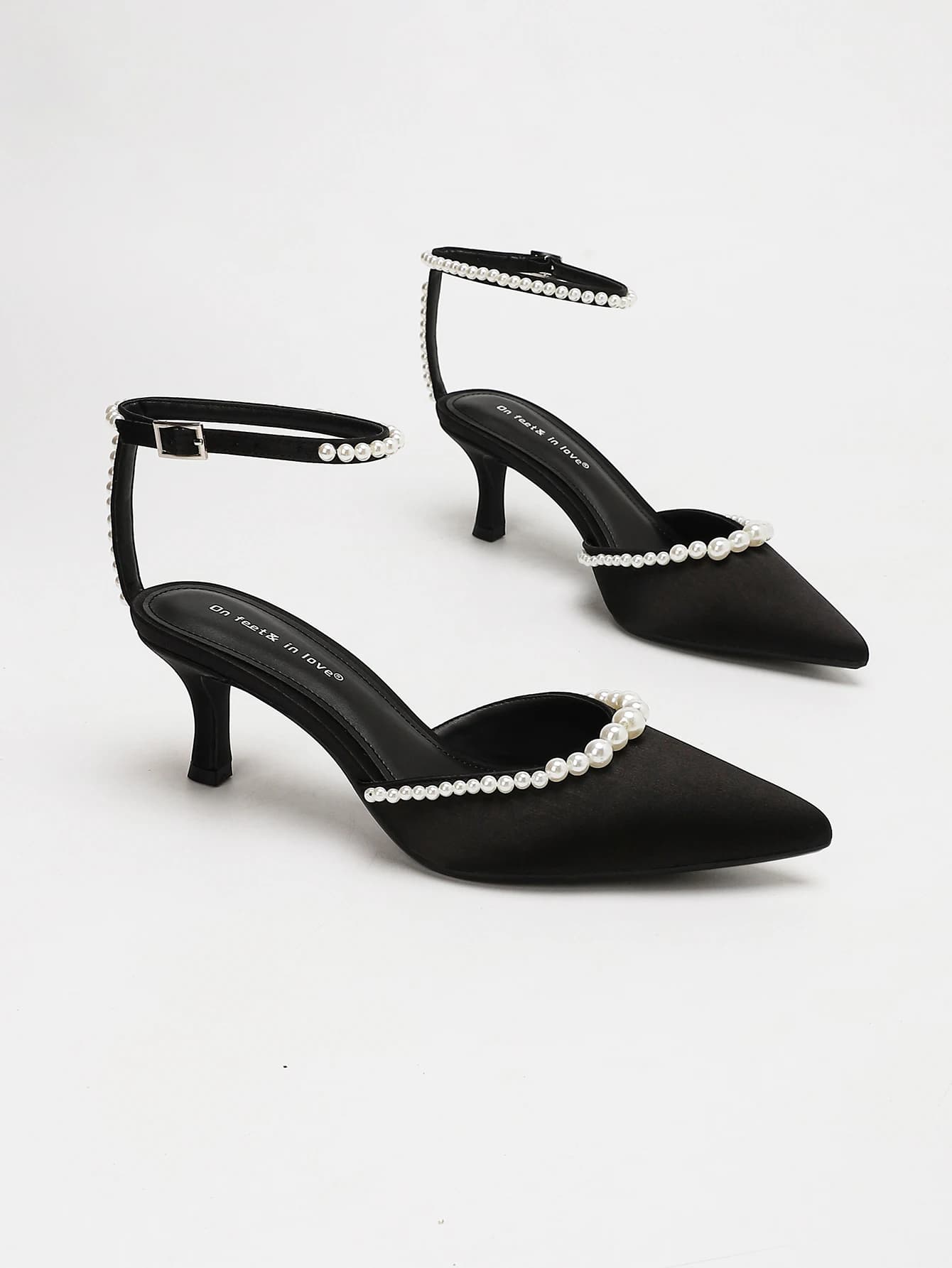 WOMEN BLACK SATIN PEARL ANKLE STRAP KITTEN HEEL SANDALS POINTED TOE SLINGBACK PUMPS BRIDAL WEDDING EVENING PARTY SHOES