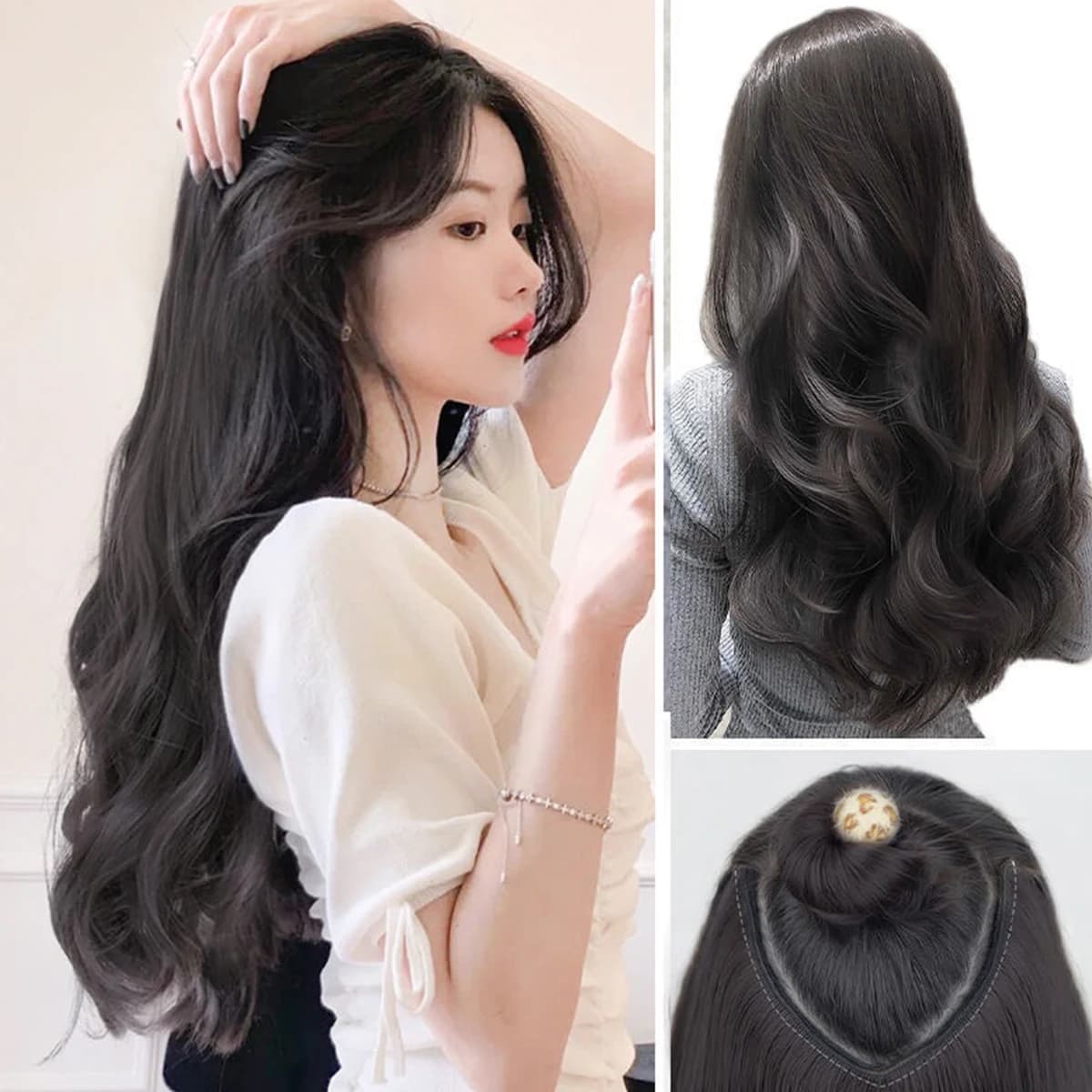 Synthetic woman's wig, long curly hair, a piece, invisible piece of hair extension, wig piece for large wave-shaped hair