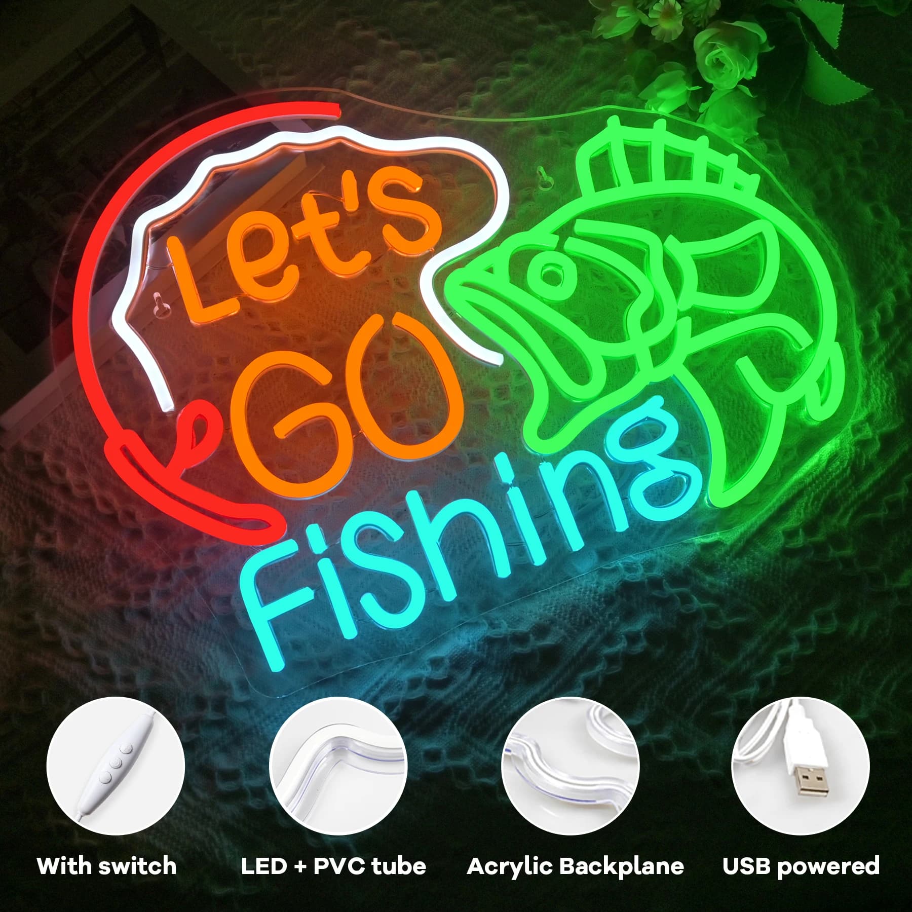 Insegna al neon Let's Go Fishing Luce al neon per pesci dimmerabile Decorazione da parete Luci per amo da pesca alimentate tramite USB per soggiorno Uomo Cave Yacht