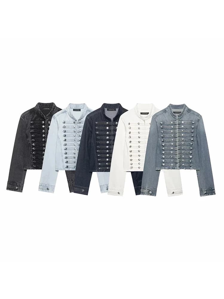Women Holiday Chic Denim Jacket Casual Women Stand Collar Buttons Long Sleeve Short Jacket Fashion Lady Coats