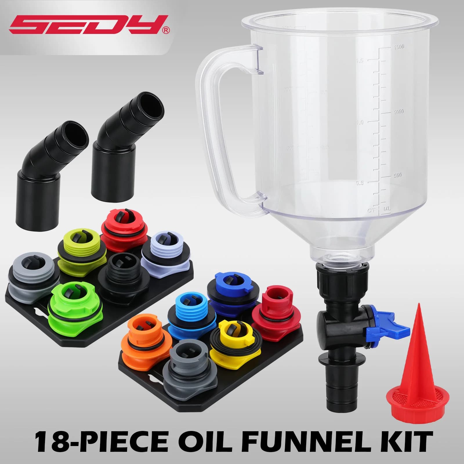18-Piece Engine Oil Funnel Set, 1.59 qt Automotive Oil Funnel Kit with 12 Adapters, Elbow Fitting, Arrow Screen Magnetic Storage