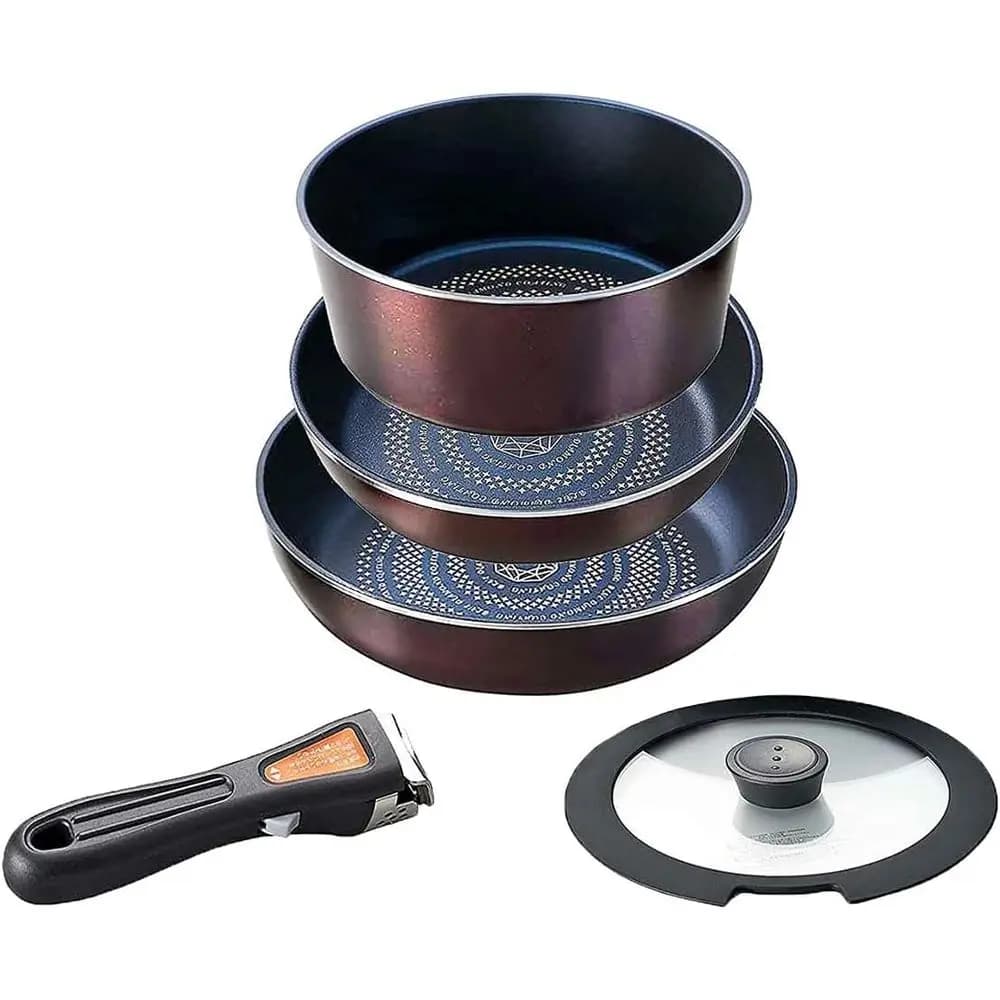 Set di 5 Pezzi di Padelle e Pentole, Compatibile con Induzione, Rivestimento in Diamante Marrone, Manico Rimovibile