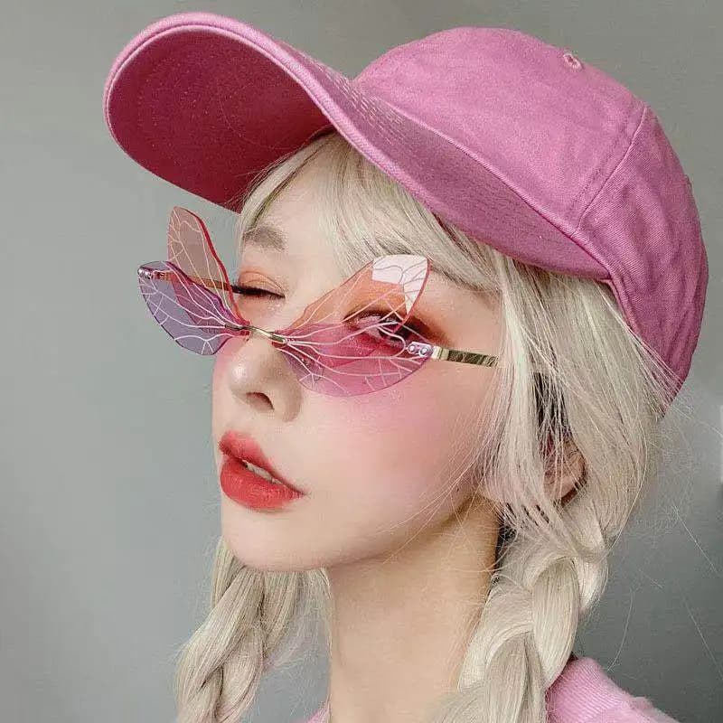 Amazon popular rimless trimmed sunglasses female dragonfly wings sunglasses European and American style cross-border funny dance glasses
