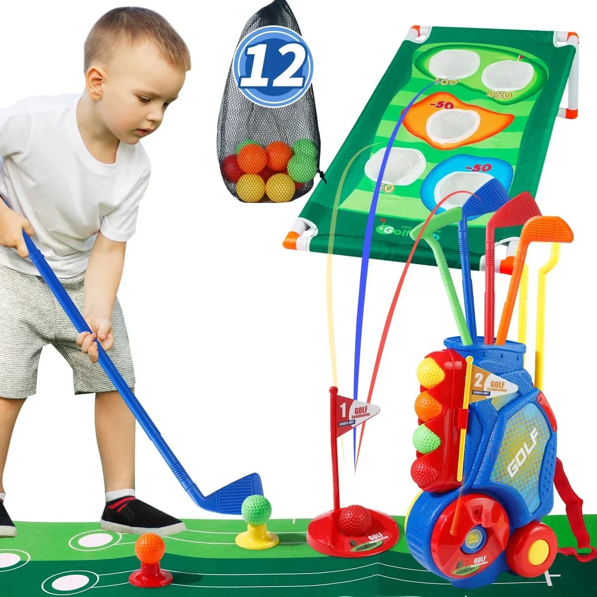 Set di giocattoli da golf aggiornato con palline da golf, carrello da golf blu con tracolla, giocattolo sportivo per interni/esterni, Natale/ Ringraziamento