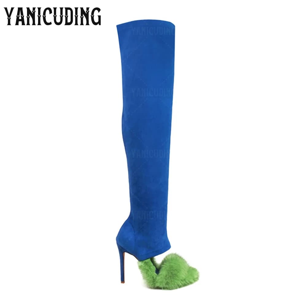 Faux Furr over the Knee Boots Peep Toe Slip on Women Boots Multicolor Faux Fur Stretch Boots Fashion Style Open Toe Women Boots
