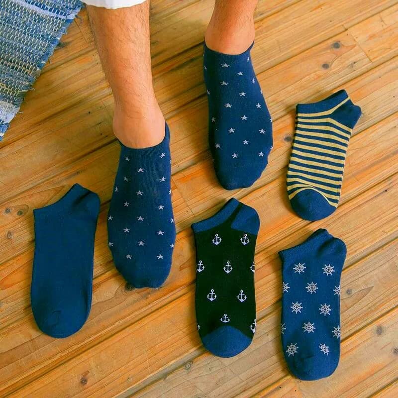 5 paia di calzini blu scuro da uomo moda traspirante striscia di ancoraggio stella neve calzini da barca primavera estate maschili comodi calzini alla caviglia in cotone