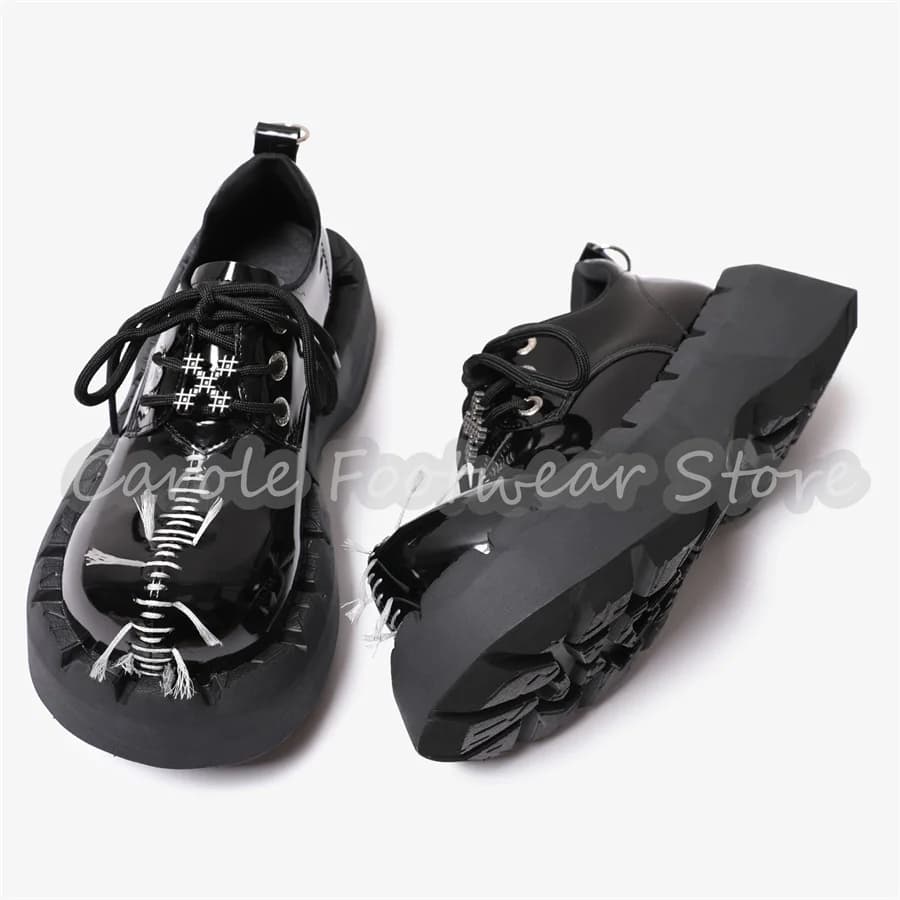 Scarpe da uomo con plateau e rialzo, stile gotico, stringate, in pelle verniciata nera, modello Derby/Oxford, per streetwear