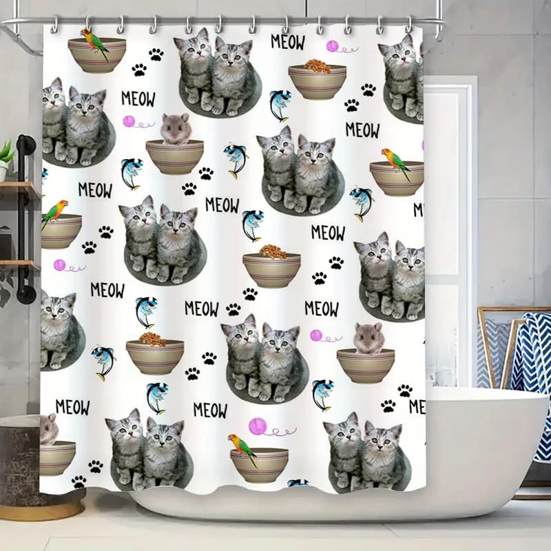 Stravagante tenda da doccia per gatti con ciotole per cibo per animali domestici, tessuto stampato, decorazione da bagno impermeabile (grigio)