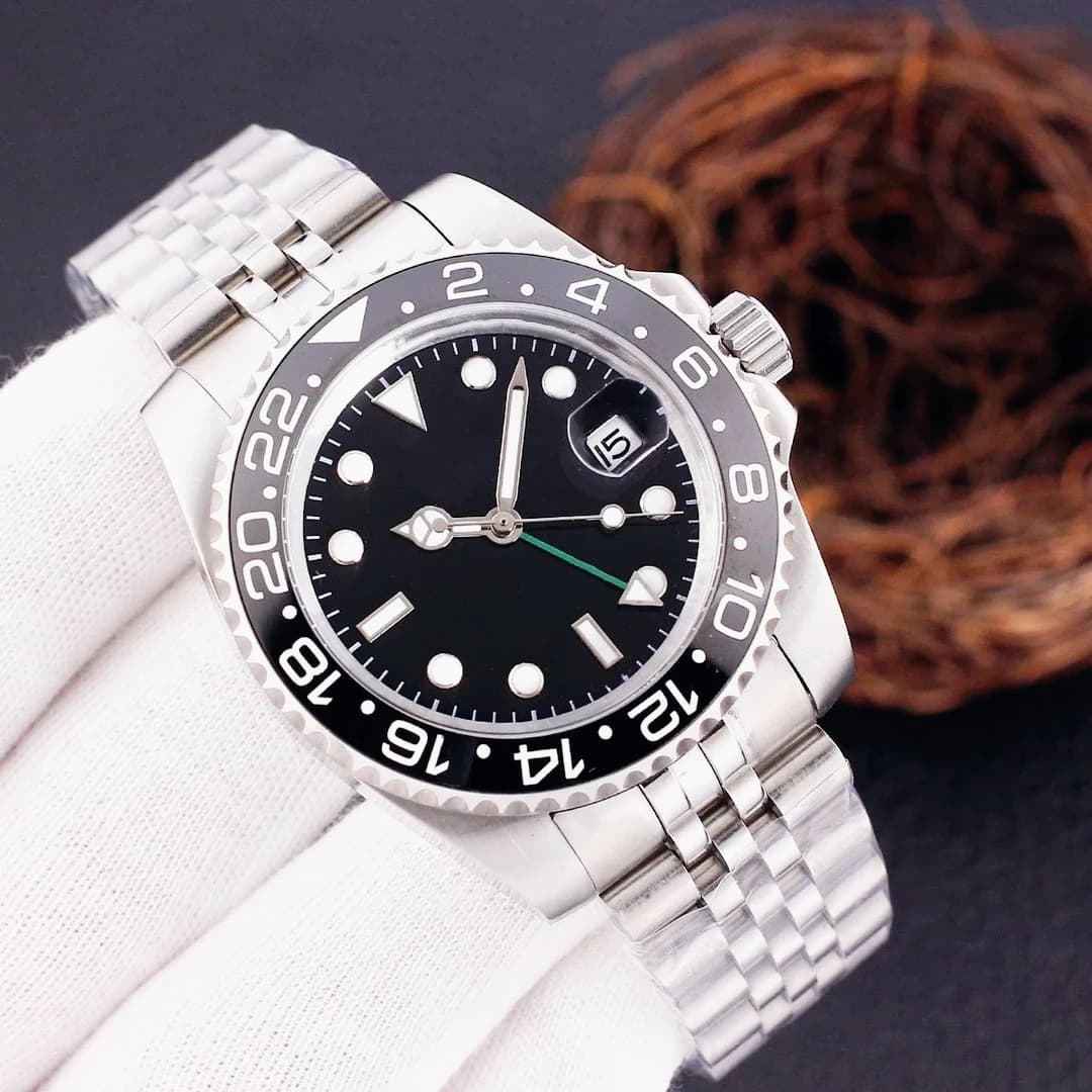 Automatic Mechanical Male Watch Precise GMT Dual Time Zone Brushed Black Stainless Steel Bracelet Lasting Luminous Anti Scratch