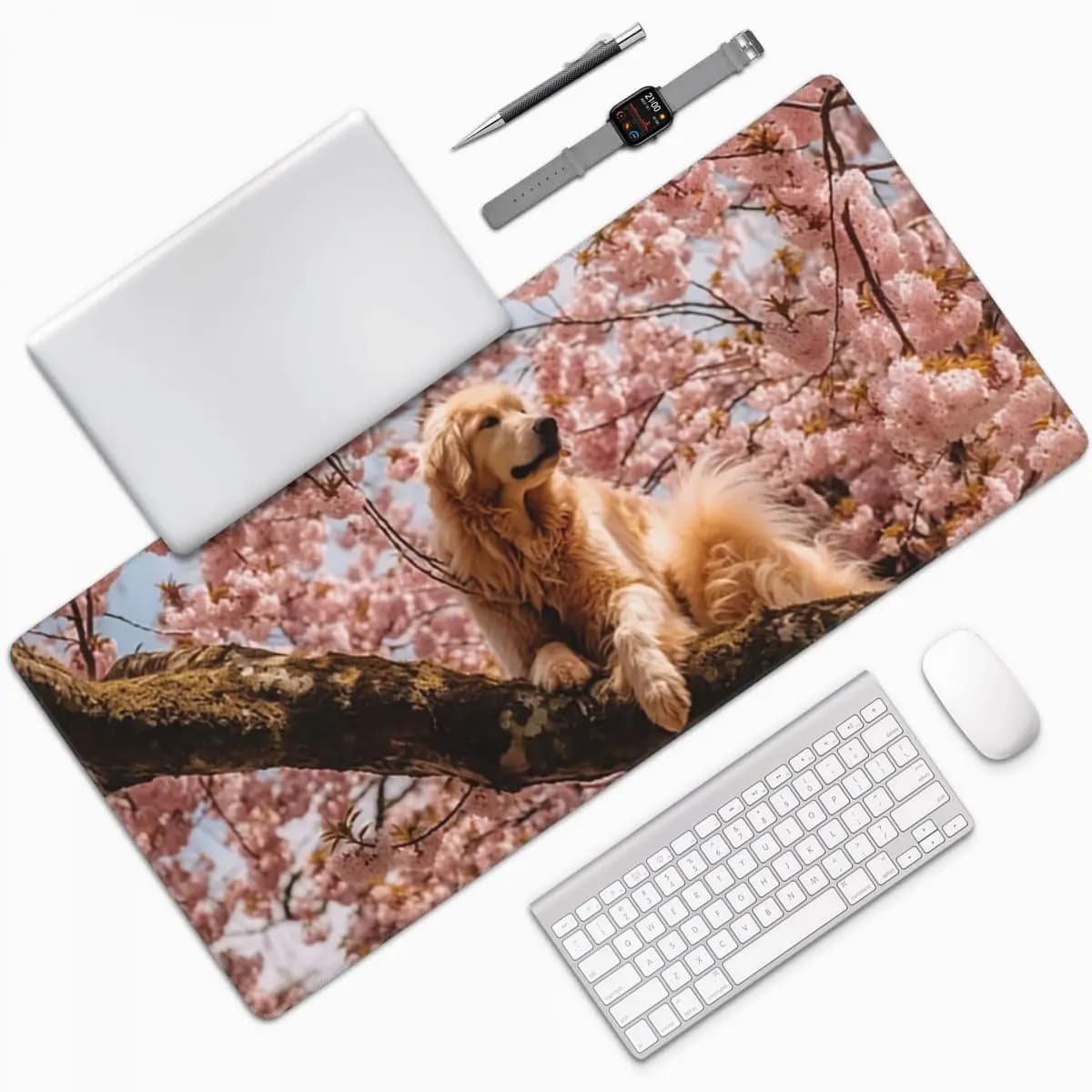 Golden Retriever Puppy And Cherry Blossoms Tree Large Mouse Pad Computer Keyboard Mouse Mat PC Laptop Desk Mat Office Table Mats