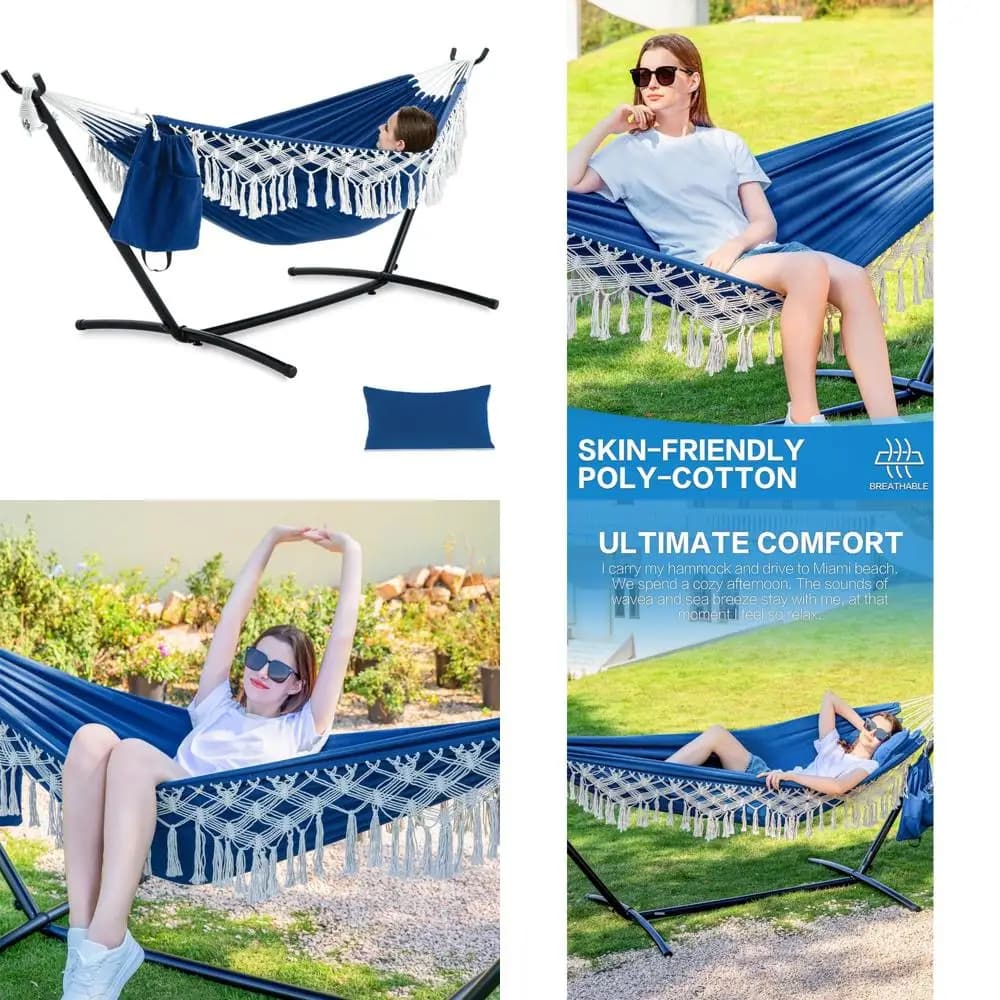 Double hammock with support for outdoor and indoor use, hand-made nappa style, supports up to 450 pounds, includes pillow and storage space