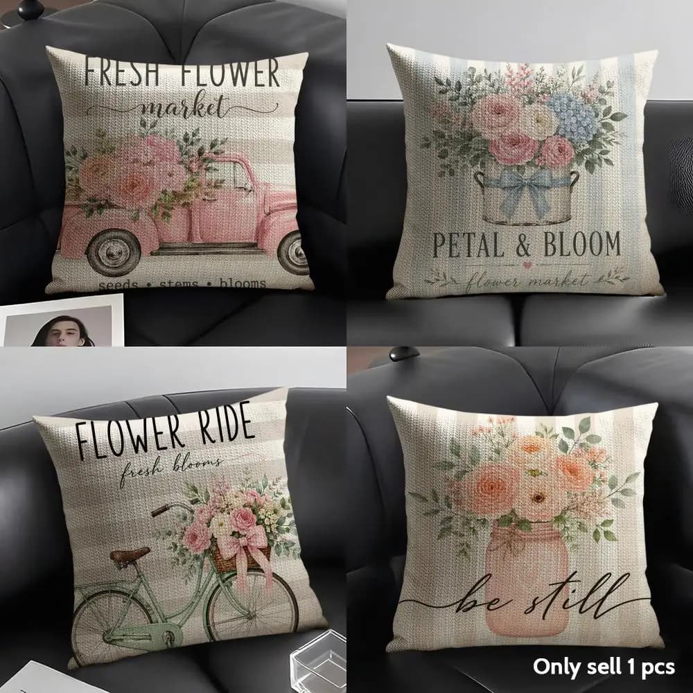 Pink Rose Cushion Cover Linen Organic Fabric Double-Sided Printing Sofa Breathable Home Decor Gift Pillow Case