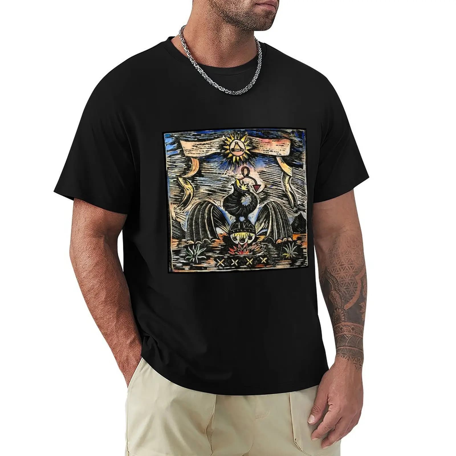 T-shirt con stampa su legno Alchemy, maglietta casual da lavoro e per il tempo libero