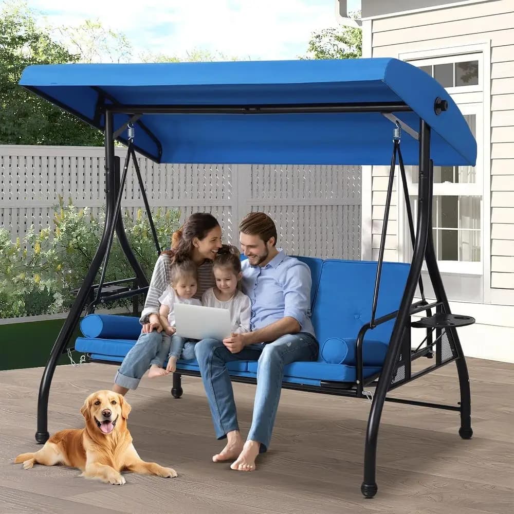 Dondolo da Esterno a 3 Posti con Regolazione Scorrevole, Panca Robusta, Cuscini, Cuscini Decorativi e Portabicchieri - Ideale per Patio, Giardino