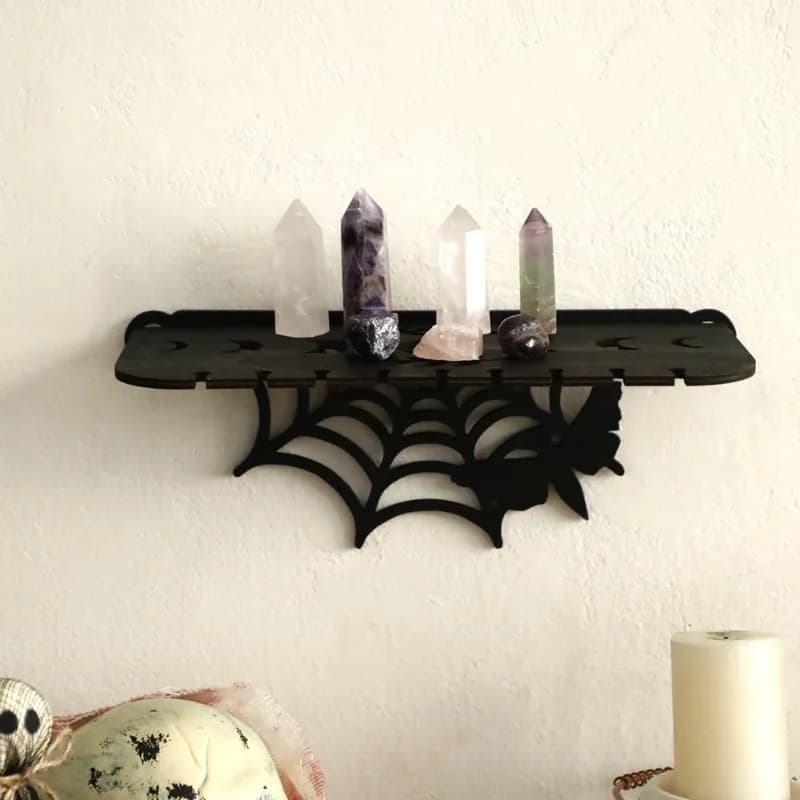 New Halloween Gothic Spider Web Wall Shelf Dark Wooden Floating Storage Rack Bedroom Wall Mount Craft Decor