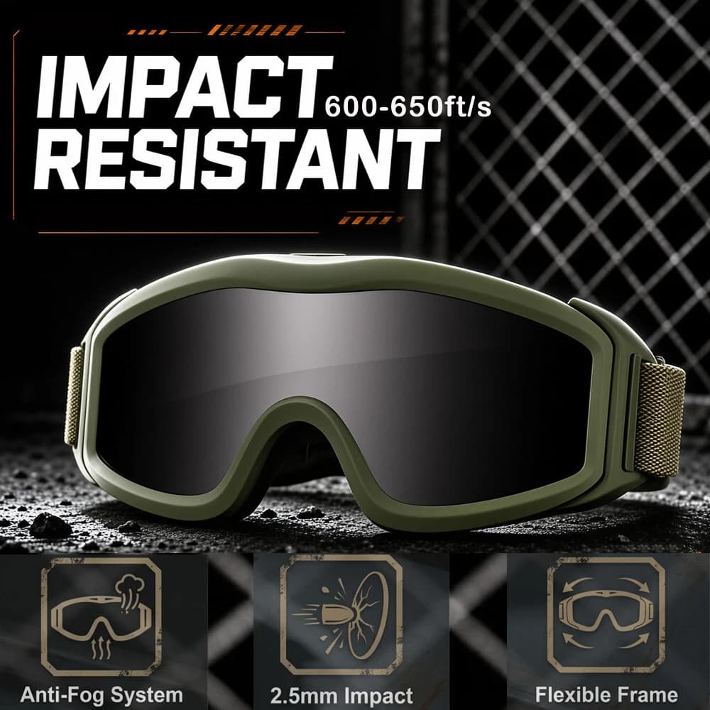 Interchangeable Tactical Goggles 600ft/s Impact Resistant 2.5mm Anti Fog Coating UV400 Ski Paintball Motocross Safety Glasses