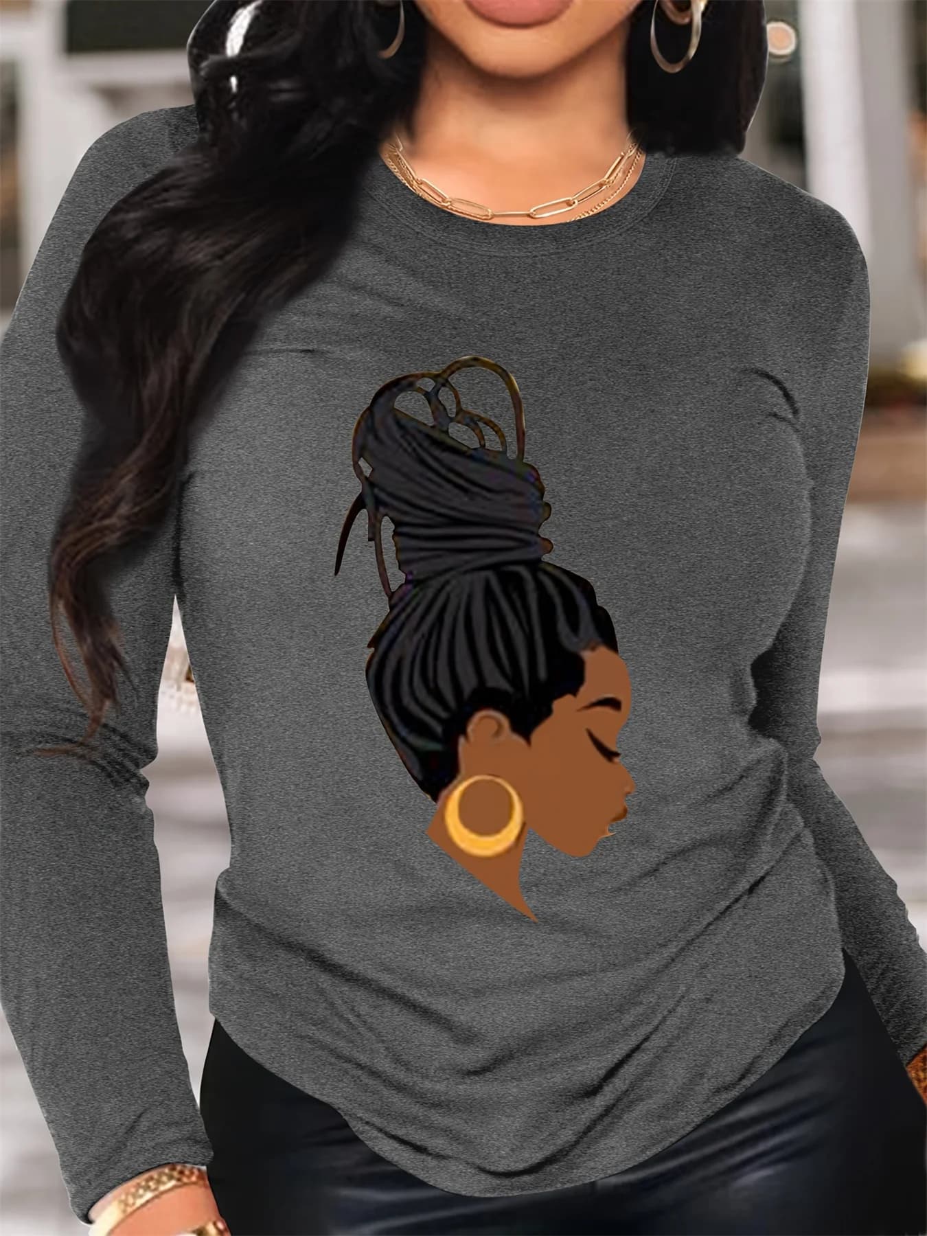 T-shirt da donna primavera e autunno 100% cotone moda casual allentata modello ritratto stampato girocollo manica lunga