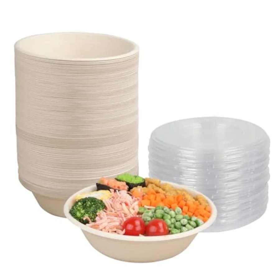 Ciotole rotonde monouso da 32 oz con coperchi, ciotole in carta di canna da zucchero, contenitori per alimenti da asporto, fibre vegetali, adatte al congelatore, confezione da 50.