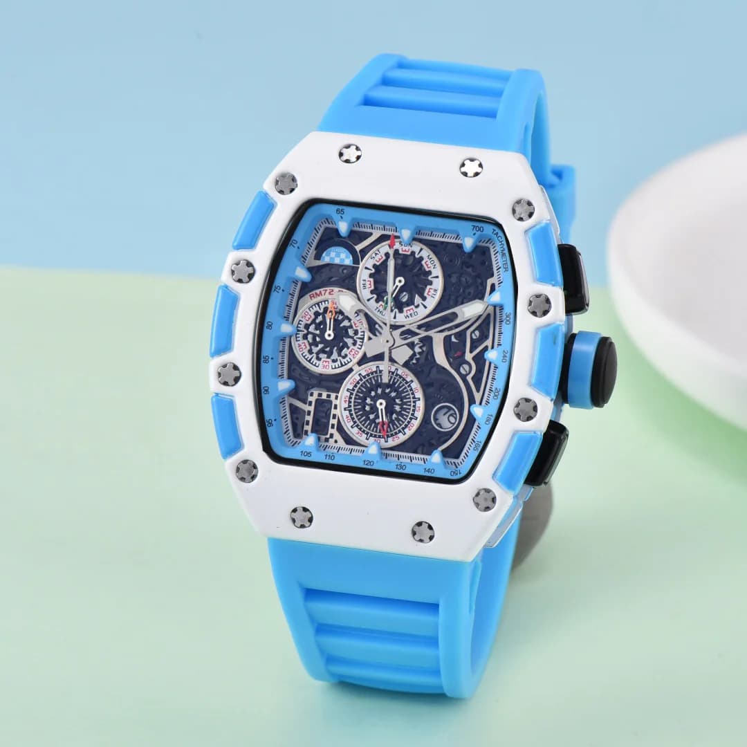 Trendy Men Sports Quartz Watch Pink Tonneau Case Hollow Skeleton Color Block Dial Two Tone Purple Blue Silicone Strap Luminous Waterproof Male Fashion Wrist Watch
