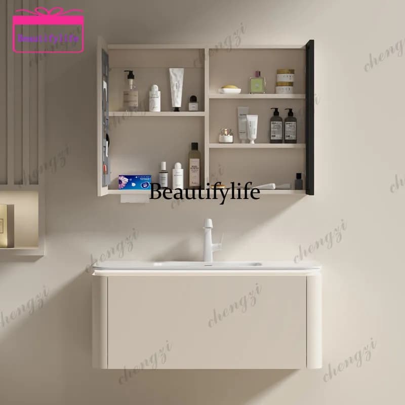 A17 Cream gray wind solid wood bathroom cabinet, smart mirror cabinet, round mirror integrated ceramic basin combination